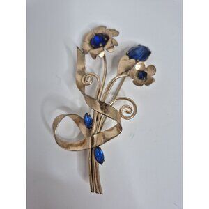VTG Cora Sterling Silver Floral Blue Rhinestone Brooch